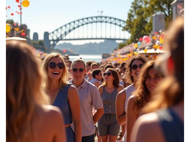 A vibrant community festival scene with people enjoying food, music, and local crafts.
